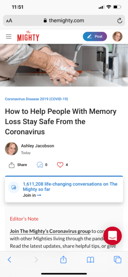 [Image description (alt text in image): a screenshot of Ashley Jacobson's article published on The Mighty titled, "How to Help People with Memory Loss Stay Safe from the Coronavirus."]